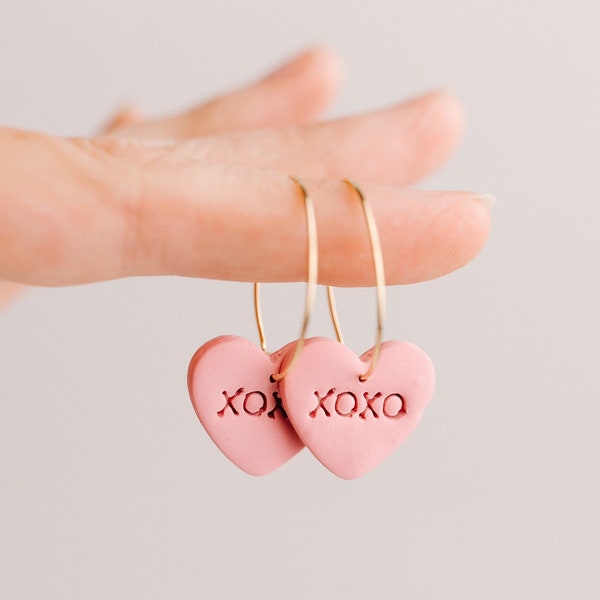 Candy Heart Dangles, Heart Dangles, Valentines Day Earrings, Valentines Day Statement Earrings, Polymer Clay Earrings