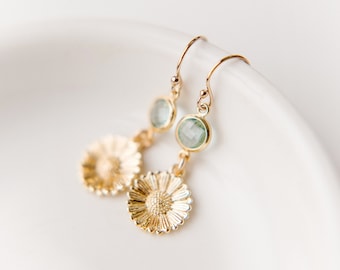 Gold Sunflower Earrings, Blue and Gold Sunflower Earrings, Flower Earrings, Simple Earrings, Blue Floral Earrings
