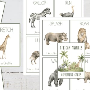 CARTÕES DE MOVIMENTO DE ANIMAIS, Animais africanos, Atividade de calma, Movimento infantil, Flashcards Montessori, Fitness para crianças, educação em casa para impressão