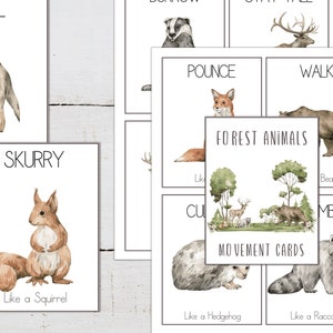 CARTES DE MOUVEMENTS D'ANIMAUX, animaux de la forêt, activité calme, mouvements d'enfants, cartes-éclair Montessori, remise en forme pour enfants, école à la maison à imprimer