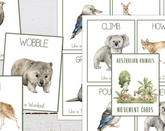 ANIMAL MOVEMENT CARDS, Australian Animals, Calm Down Activity, Kids Movement, Montessori Flashcards, Fitness for Kids, homeschool printable