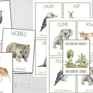ANIMAL MOVEMENT CARDS, Australian Animals, Calm Down Activity, Kids Movement, Montessori Flashcards, Fitness for Kids, homeschool printable