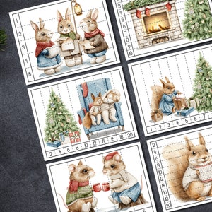 May include: Four printable Christmas-themed jigsaw puzzles featuring a variety of animals, including bunnies, squirrels, and mice. Each puzzle is divided into numbered squares, making it easy to assemble. The puzzles are perfect for children and adults alike.