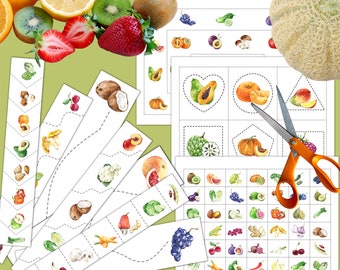 FRUIT/VEGETABLES Cutting Strips, Scissor Practice, Preschool printable, Homeschool activity