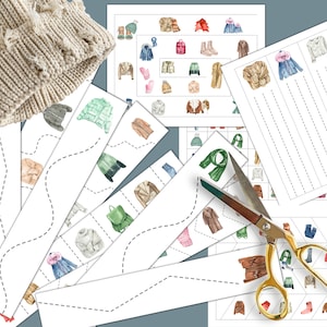 Peut inclure: Un ensemble de feuilles de travail imprimables pour les enfants mettant en scène une variété de vêtements d'hiver, notamment des chapeaux, des écharpes, des vestes et des bottes. Les feuilles de travail comprennent un jeu de correspondance, une activité de traçage et une consigne d'écriture.