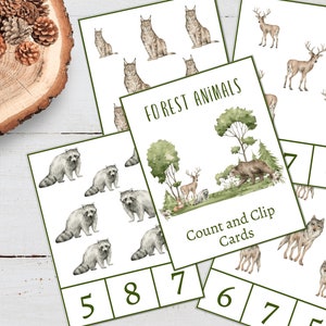 Waldtiere Zählen und Clipkarten, 1 bis 12 Zählen, Aktivität für Kinder, Sofort Download