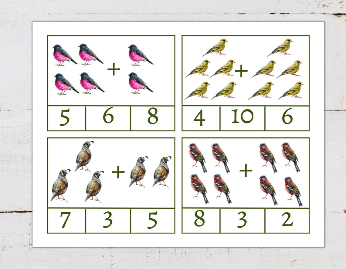BIRD Addition Clip Cards, 1 to 10, Early Math Activity for Kids ...