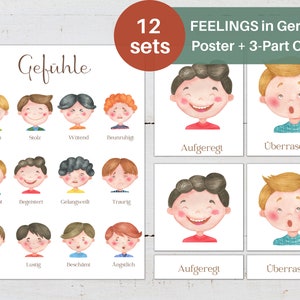 EMOCIONES Edición ALEMANA, Mini Póster + Tarjetas de 3 Partes, Educación en el Hogar, Montessori para Niños, Descarga Instantánea