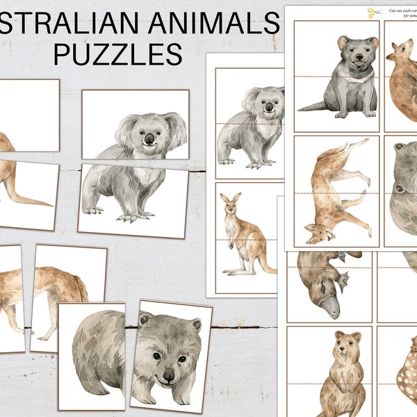 AUSTRALIAN Animals Simple Puzzles, Printable, Preschool Activity, Kids Homeschool Learning Puzzles