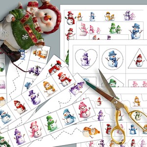 Könnte beinhalten: Ein Satz druckbarer Schneemann-Bildungsaktivitätsblätter für Kinder. Die Blätter bieten verschiedene Aktivitäten wie Zuordnen, Nachzeichnen und Ausschneiden. Die Blätter sollen Kindern helfen, Formen, Farben und das Zählen zu lernen.