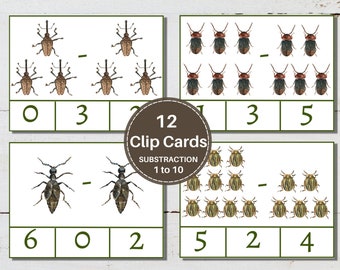 BEETLES Subtraction Clip Cards, 1 to 10, Early Math Activity for Kids, Instant Download
