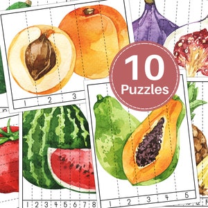 FRUIT and VEGETABLES Number Sequence Puzzles, Skip Counting, Printable, Preschool counting activity, Instant DOWNLOAD