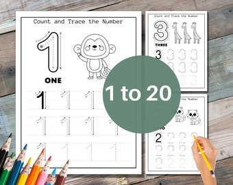 NUMBER Coloring and Tracing Worksheets, 1 to 20 Counting, Preschool Activity, Digital Product, INSTANT DOWNLOAD