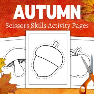 AUTUMN Scissors Skills Activity Pages, Preschool printable, Homeschool activity