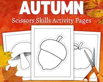 AUTUMN Scissors Skills Activity Pages, Preschool printable, Homeschool activity