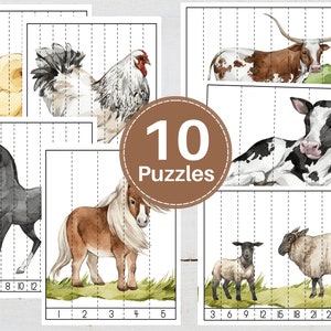 FARM Animals Number Sequence Puzzles, Printable, Skip Counting, Preschool counting activity, Kids Homeschool Learning Puzzles