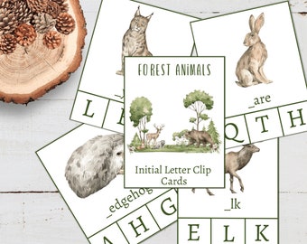 FOREST Animals Initial Letter Clip Cards, 12 Cards, Activity for Kids, Instant Download