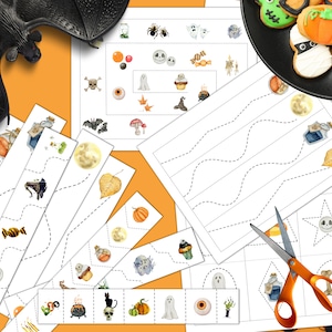May include: A set of printable Halloween-themed tracing worksheets for kids. The worksheets feature various Halloween icons like ghosts, pumpkins, bats, candy, and cauldrons. The worksheets are designed to help children practice their fine motor skills and hand-eye coordination.