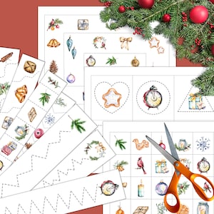 Könnte beinhalten: Ein Satz druckbarer Weihnachtsaktivitätsblätter für Kinder. Die Blätter zeigen verschiedene Weihnachtssymbole wie Ornamente, Glocken und Kränze. Es gibt auch Linien zum Nachzeichnen und ein Finde-das-Gleiche-Spiel.