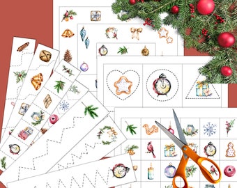 CHRISTMAS Cutting Strips, Scissor Practice, Preschool printable, Homeschool activity