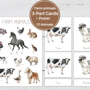 ANIMALES DE GRANJA Mini Póster + Tarjetas de 3 Partes, Imprimible, Educación en Casa, Montessori, Descarga Instantánea