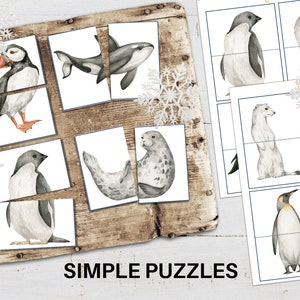 POLAR Animals Simple Puzzles, Printable, Preschool Activity, Kids Homeschool Learning Puzzles