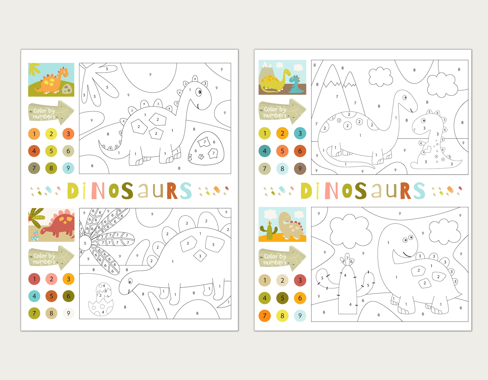 Dinosaurs Themed Color by Numbers Activity Pages for Kids, Home School ...