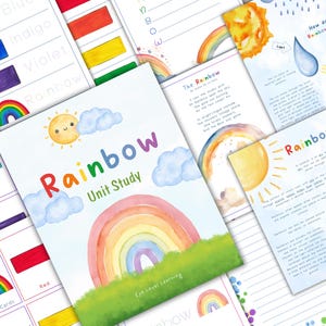 May include: A rainbow unit study with colorful illustrations and activities. The cover features a watercolor rainbow with clouds and a sun. The text "Rainbow Unit Study" is printed on the cover.
