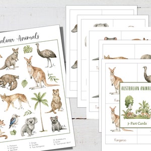 ANIMAUX AUSTRALIENS Mini Poster + Cartes en 3 parties, École à la maison, Montessori, Téléchargement instantané