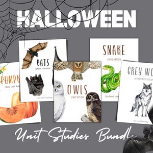 May include: A set of printable Halloween unit studies for kids. The set includes unit studies on bats, owls, snakes, pumpkins, and grey wolves. Each unit study includes colorful illustrations and educational activities.