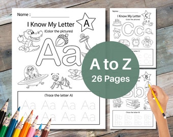 ABC Coloring and Tracing Worksheets, A to Z, capital and lowercase letters, Preschool Activity, Digital Product, Instant DOWNLOAD