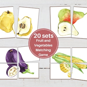 FRUIT and VEGETABLES Matching Card Game, Simple Puzzles, Toddler Preschool Activity, Montessori Activity Flashcards, Instant DOWNLOAD
