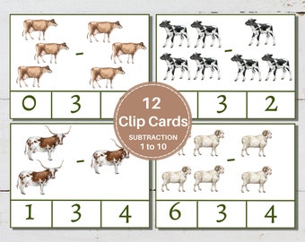 FARM ANIMALS Subtraction Clip Cards, 1 to 10, Early Math Activity for Kids, Instant Download