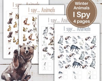 WINTER FOREST ANIMALS I Spy, Printable Winter Activity, Preschool, Kindergarten counting game, Instant Download