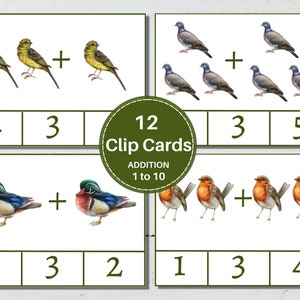 Cartões de clipe de adição BIRD, 1 a 10, atividade matemática inicial para crianças, download instantâneo