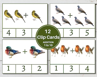 BIRD Addition Clip Cards, 1 to 10, Early Math Activity for Kids, Instant Download