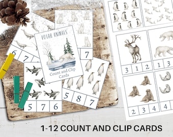 POLAR Animals Count and Clip Cards, 1 to 12 Counting, Arctic and Antarctic Animals, Activity for Kids, Instant Download