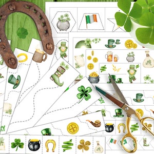 May include: A set of printable St. Patrick's Day activity sheets for kids. The sheets feature a variety of activities, including tracing, matching, and cutting. The sheets are decorated with shamrocks, leprechauns, and other St. Patrick's Day themed images.