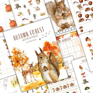 May include: A printable activity pack for children aged 3-6 featuring an autumn forest theme. The pack includes a variety of activities such as matching, counting, and tracing. The illustrations are watercolour and feature a squirrel, deer, and acorns.