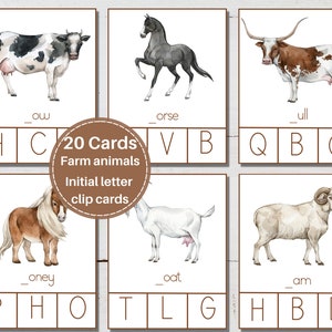 Tarjetas de clip de letras iniciales de animales de GRANJA, 20 tarjetas, actividad para niños, descarga instantánea