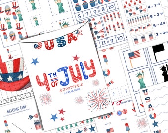May include: A printable activity pack for 3-6 year olds featuring a red, white, and blue color scheme with stars and stripes. The pack includes activities such as matching, counting, and a scavenger hunt. The text "4th of July" is featured in large, colorful letters.