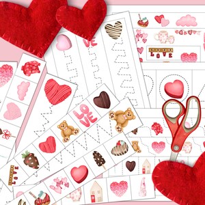 Könnte beinhalten: Ein Satz druckbarer Valentinstags-Aktivitätsblätter für Kinder. Die Blätter bieten verschiedene Aktivitäten, darunter das Zuordnen, Ausschneiden und Nachzeichnen. Die Blätter sind mit Herzen, Teddybären und anderen Valentinstagsthemen verziert.