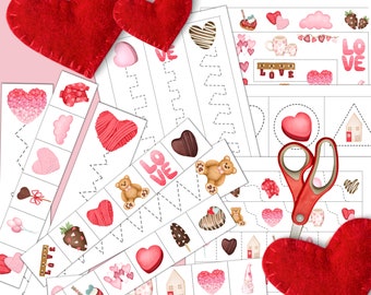VALENTINE&#39;S DAY Cutting Stripes, Scissor Practice, Preschool printable, Homeschool activity
