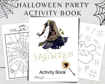 Peut inclure: Un livre d'activités d'Halloween imprimable en noir et blanc avec un chapeau de sorcière, un labyrinthe de toile d'araignée et un jeu de tic-tac-toe. Le livre porte le texte "HALLOWEEN PARTY ACTIVITY BOOK" en haut et "HALLOWEEN Activity Book" en bas.