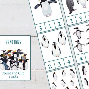 Op de afbeelding: Tel- en knipkaarten met pinguïns. De kaarten bevatten verschillende pinguïnillustraties en cijfers om kinderen te helpen leren tellen.