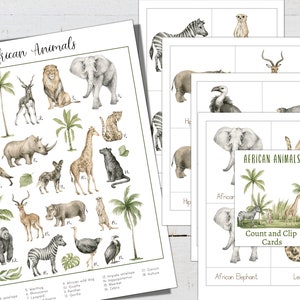 AFRICAN ANIMALS Mini Poster + 3-teilige Karten, Homeschool, Montessori, Instant Download