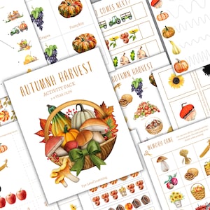 Puede incluir: Un paquete de actividades de cosecha de otoño para niños de 3 a 6 años. El paquete incluye una variedad de actividades, como juegos de memoria, conteo y emparejamiento. Las actividades presentan ilustraciones coloridas de frutas y verduras de otoño, como calabazas, uvas, manzanas y champiñones.