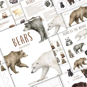 May include: Educational printables featuring watercolor illustrations of various bear species. The main title "BEARS UNIT STUDY" is displayed prominently. Additional pages include "BEARS OF THE WORLD" and a tracing worksheet. The images include a polar bear, grizzly bear, and panda bear.