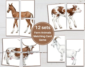 Gioco di carte con abbinamento animali da fattoria, puzzle semplici, attività prescolare per bambini, flashcard attività Montessori per animali da fattoria, DOWNLOAD IMMEDIATO