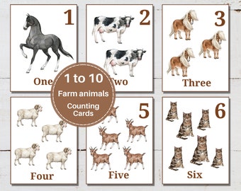 May include: A set of ten printable flashcards featuring farm animals and numbers 1 through 10. The cards are white with brown text and images of a horse, cows, ponies, sheep, goats, and cats.